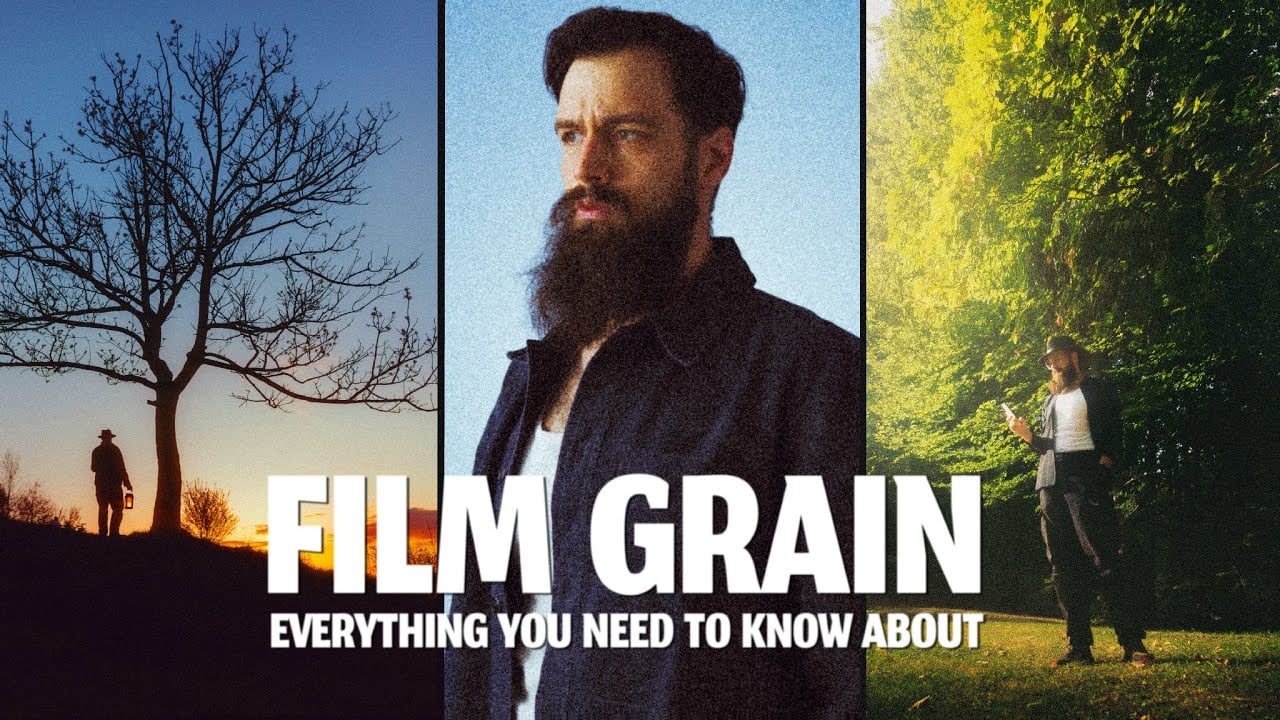 A split image shows a silhouetted person by a tree at sunset, a bearded man in a dark jacket, and a man standing in a sunlit, leafy area. Bold text reads: “FILM GRAIN EVERYTHING YOU NEED TO KNOW ABOUT.”.