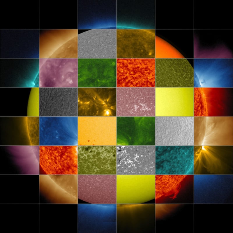A collage of solar images that show different wavelengths of light