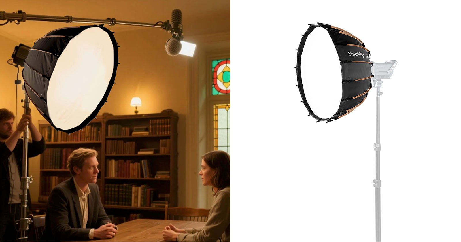 A film set with a softbox light and microphone above two people talking at a table in a library, next to a studio photo of the same softbox light mounted on a stand against a white background.