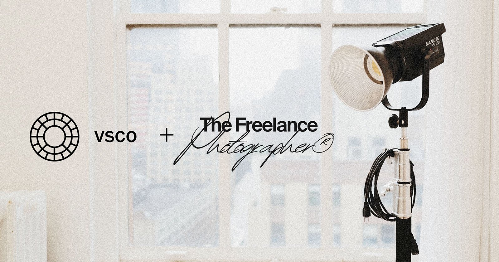 A professional studio light stands near a large window with city buildings visible outside. Overlay text reads VSCO + The Freelance Photographer with their logos.