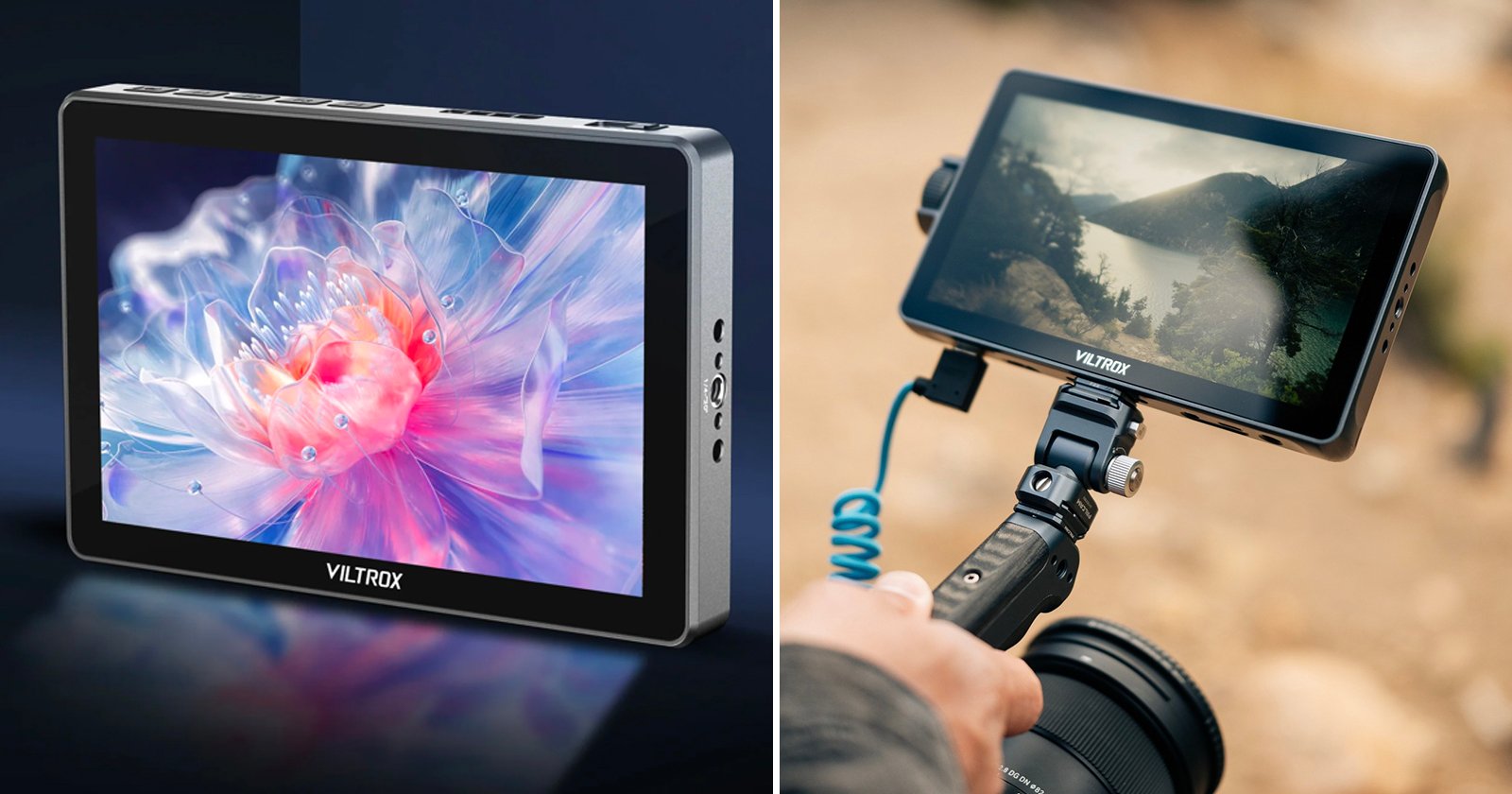 Side-by-side images of a Viltrox monitor: on the left, the monitor displays a colorful abstract graphic, and on the right, it is mounted on a camera showing a scenic outdoor landscape.
