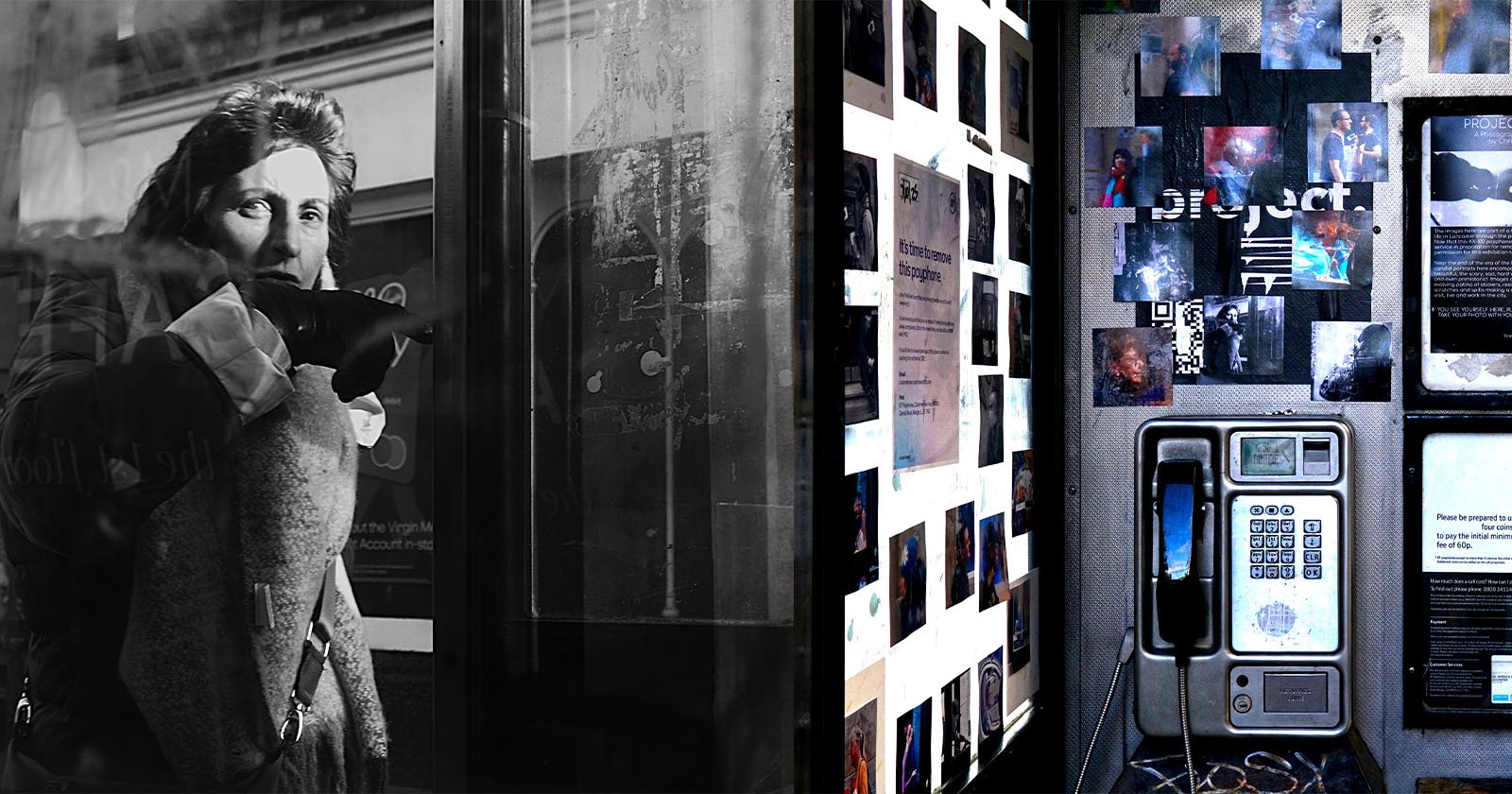 A black-and-white photo of a person pointing inside a phone booth appears on the left; on the right is a color photo of a payphone surrounded by small photographs and posters on the wall.