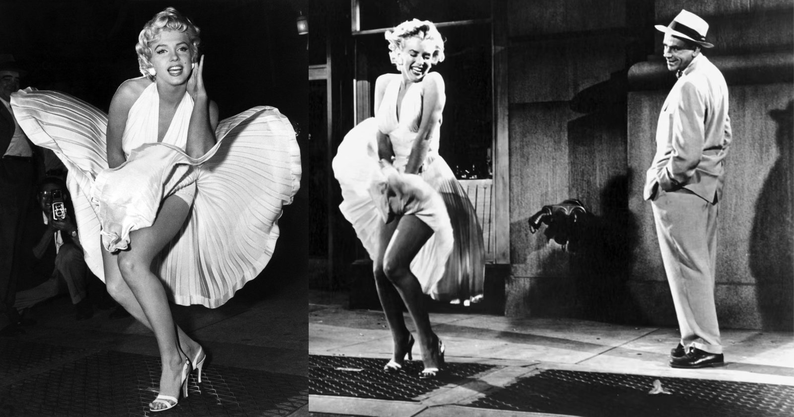 Two black-and-white photos of a woman in a white halter dress standing over a subway grate as her skirt is blown upward, while a man in a suit and hat smiles and watches her from the sidewalk.