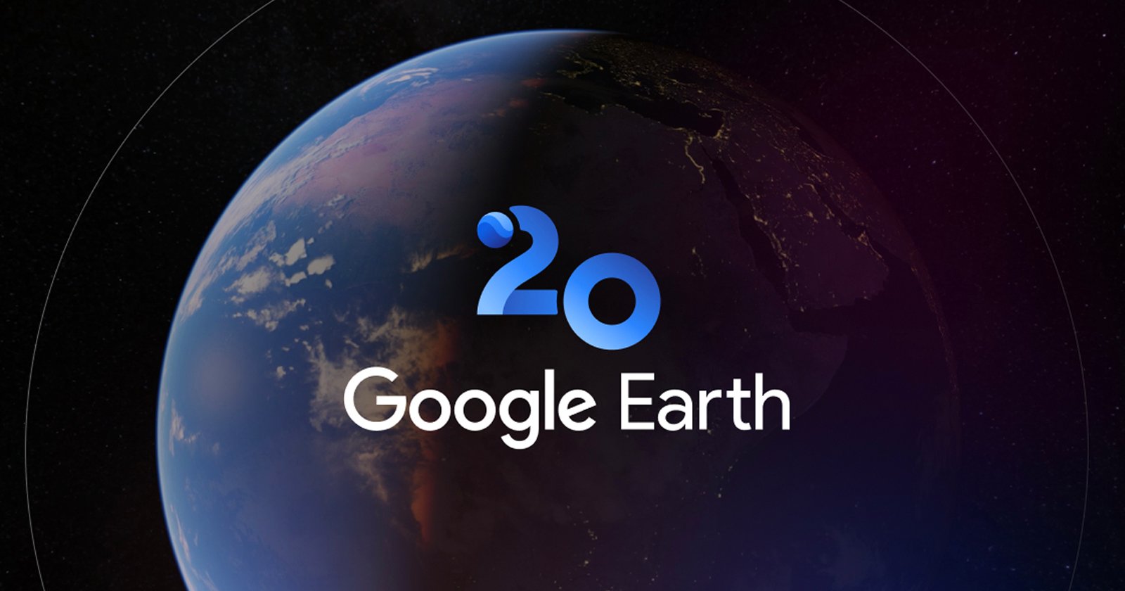 The image shows a view of Earth from space with a shadow dividing day and night, overlaid with a 20 and the text Google Earth, celebrating Google Earth's 20th anniversary.