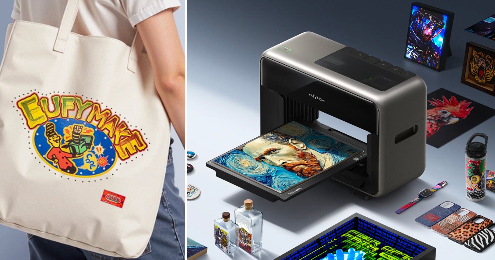 A person holds a tote bag with colorful EufyMake artwork. Next to it, a printer prints Van Gogh art on a flat object, surrounded by decorated items like cards, bottles, and phone cases.