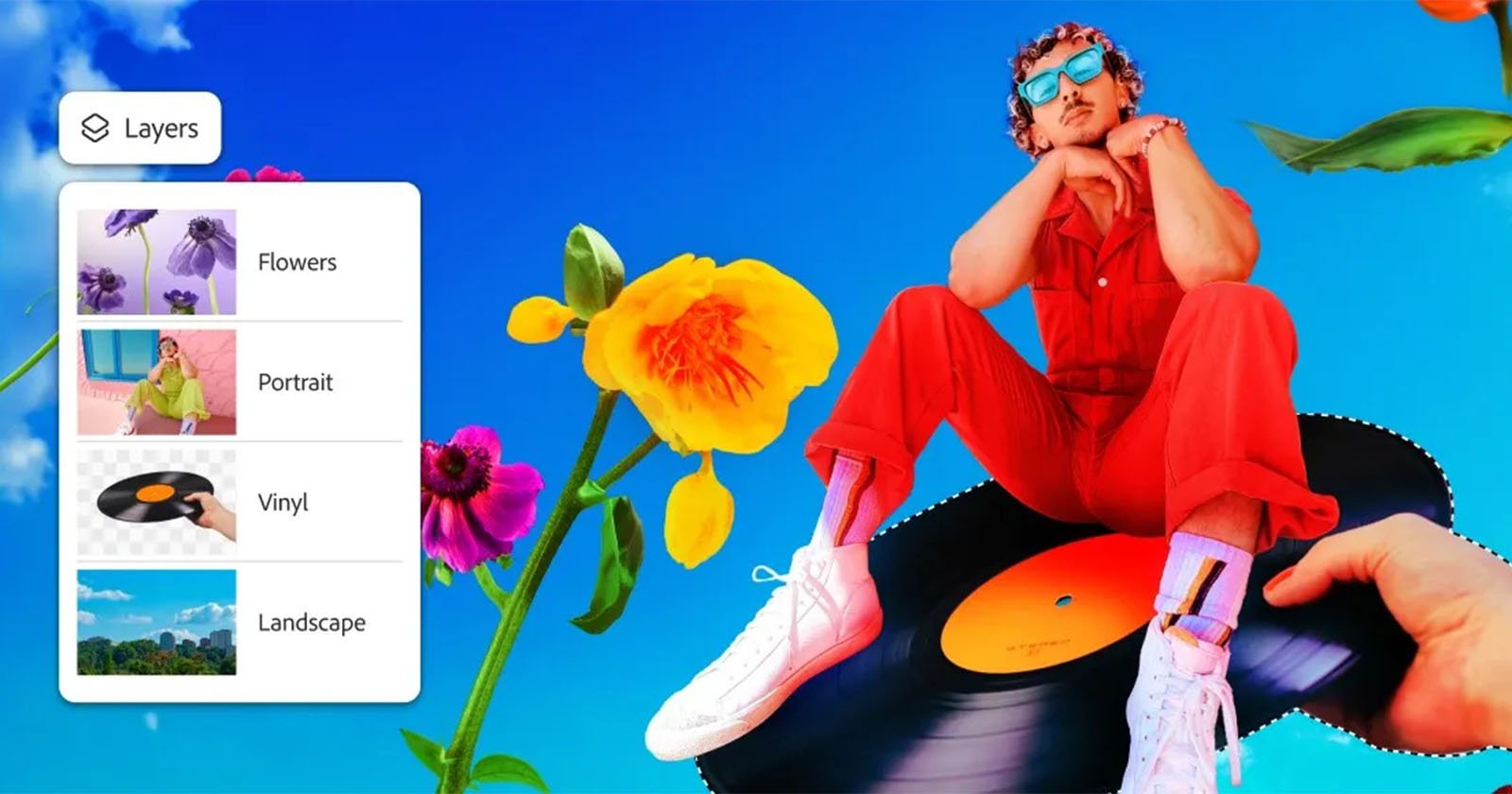 A person in a red outfit and white sneakers sits on a large vinyl record against a bright blue sky, surrounded by colorful flowers. A “Layers” menu appears on the left with options: Flowers, Portrait, Vinyl, and Landscape.