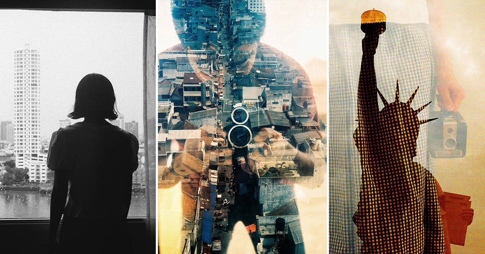 A collage of three artistic photos: a person silhouetted against a city view, a double exposure of a photographer and urban buildings, and the Statue of Liberty next to a person holding a camera.