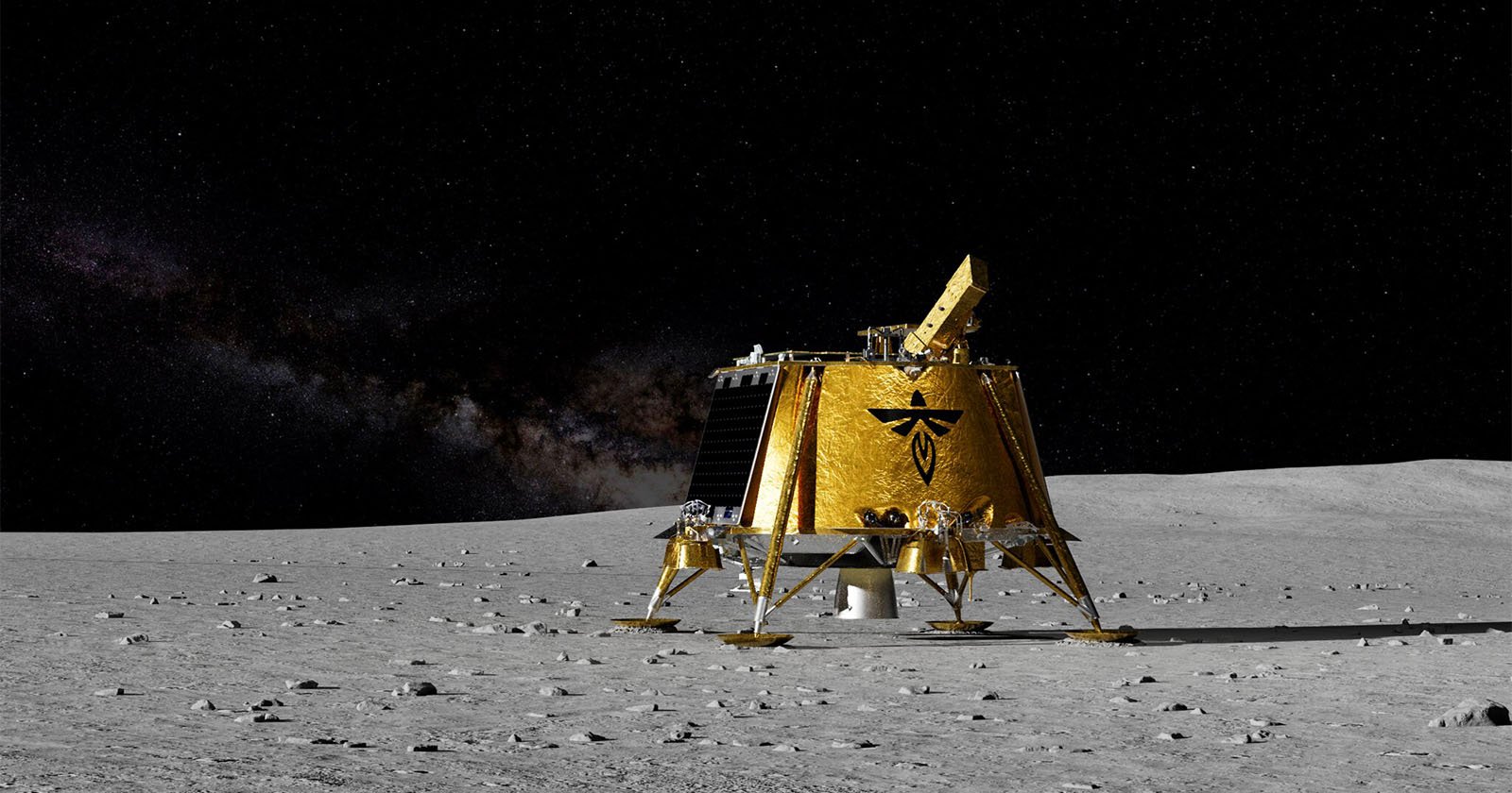 A gold-colored lunar lander from Firefly Aerospace is positioned on the moon's rocky, gray surface. The lander features intricate details and a logo on its side. The dark, starry sky and distant galaxies provide a stunning backdrop.