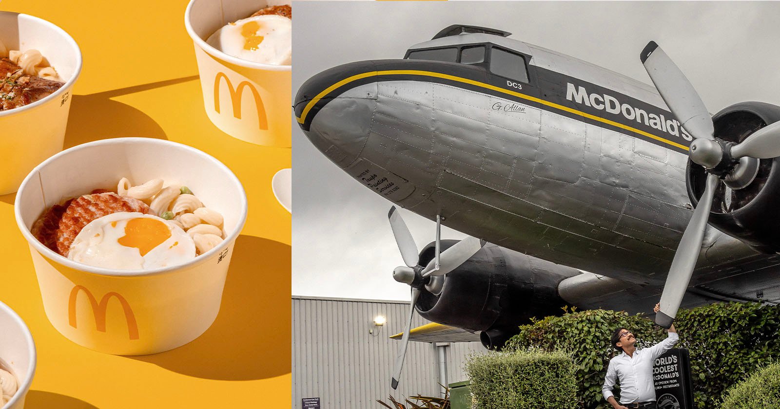Several McDonald's breakfast bowls containing eggs, sausages, and other ingredients are on the left. On the right, a person is standing beside a McDonald's branded airplane, raising an arm towards the propeller.