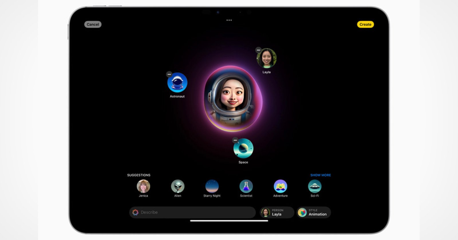 A tablet screen displays a Memoji creation interface. In the center is an animated face in an astronaut helmet. Other memoji themes, like Alien and Space, are shown at the bottom. User profiles are visible in small circles. Create button is in the top right corner.