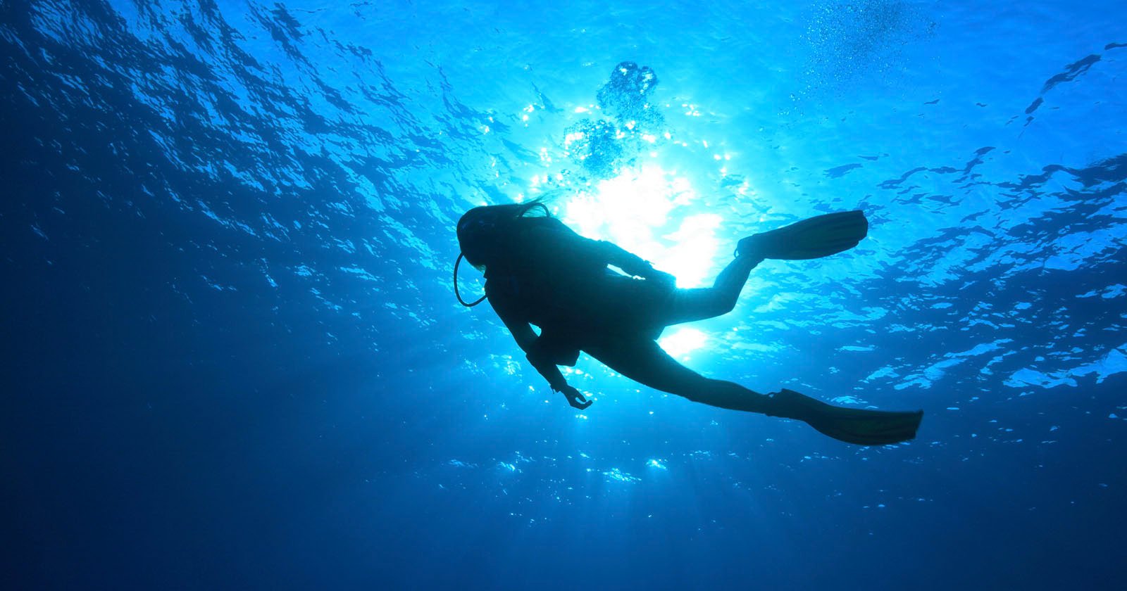 A scuba diver swims underwater, silhouetted against sunlight streaming down through the blue ocean water. Bubbles rise from the diver as they move, creating a peaceful and serene scene.