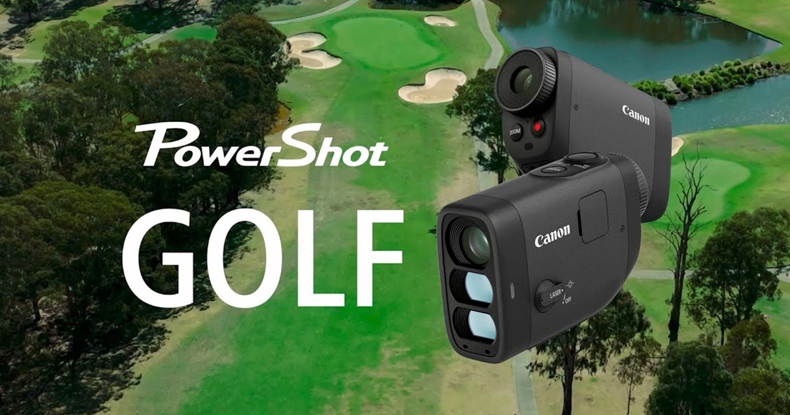 An aerial view of a golf course with green fairways and sand bunkers. Superimposed are two Canon PowerShot cameras, and the word GOLF in bold white text. The Canon logo and PowerShot are also visible near the top left corner.