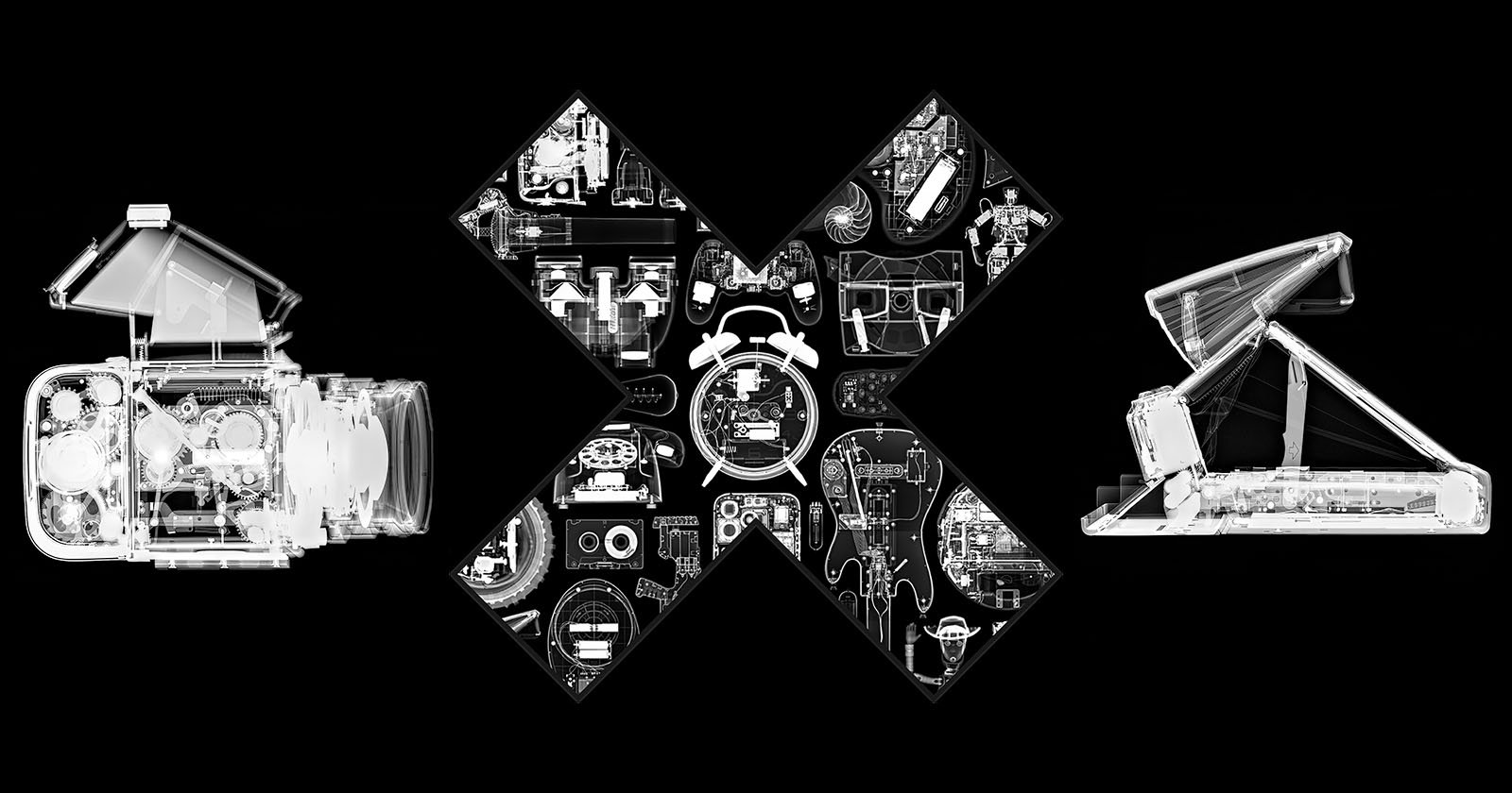 X-ray style image showing an open camera on the left, an open laptop on the right, and a large X in the center filled with clocks and mechanical parts, all set against a black background.