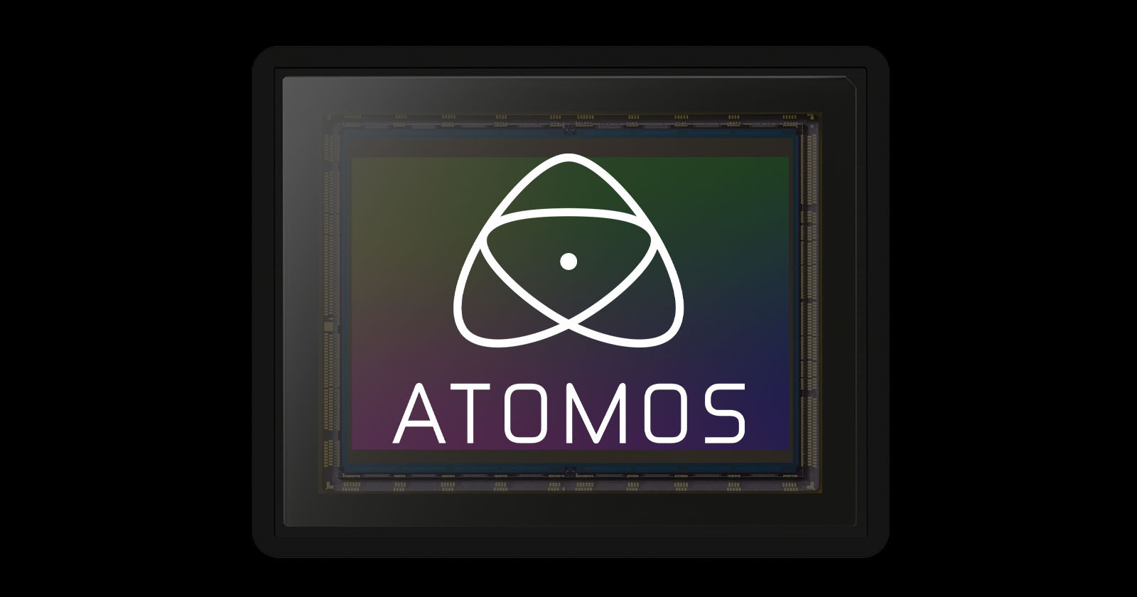 A digital sensor with the Atomos logo, featuring a stylized atom symbol and the word ATOMOS displayed on a gradient background within a rectangular frame.