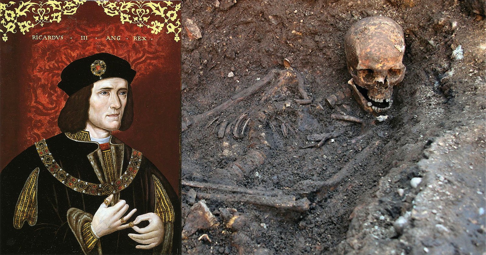 A painting of King Richard III in royal attire is shown on the left, while on the right is a photograph of a skeleton partially buried in earth, believed to be his remains.