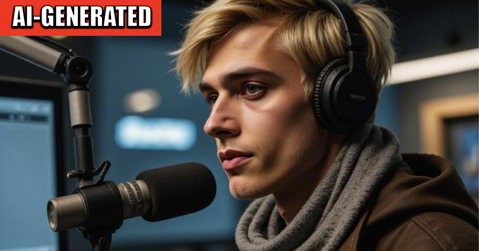 A person with blonde hair and headphones is speaking into a microphone in a dimly lit room. The top left corner displays a red AI-generated label.