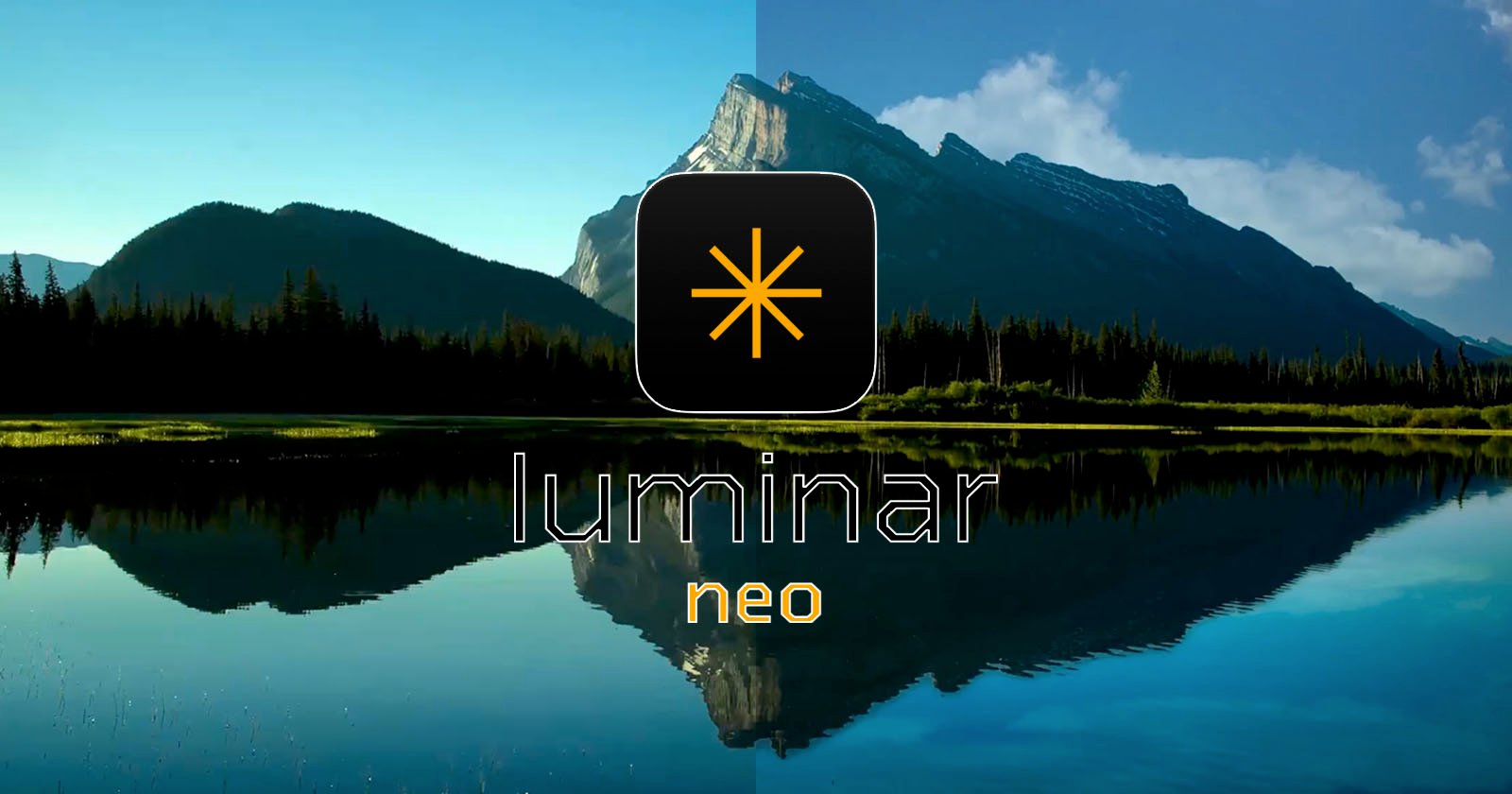 A scenic image of a mountain and forest reflected in a calm lake is divided vertically in half. The left side appears darker and has lower contrast, while the right side is brighter with higher contrast. An icon and logo reading Luminar Neo are positioned in the center.