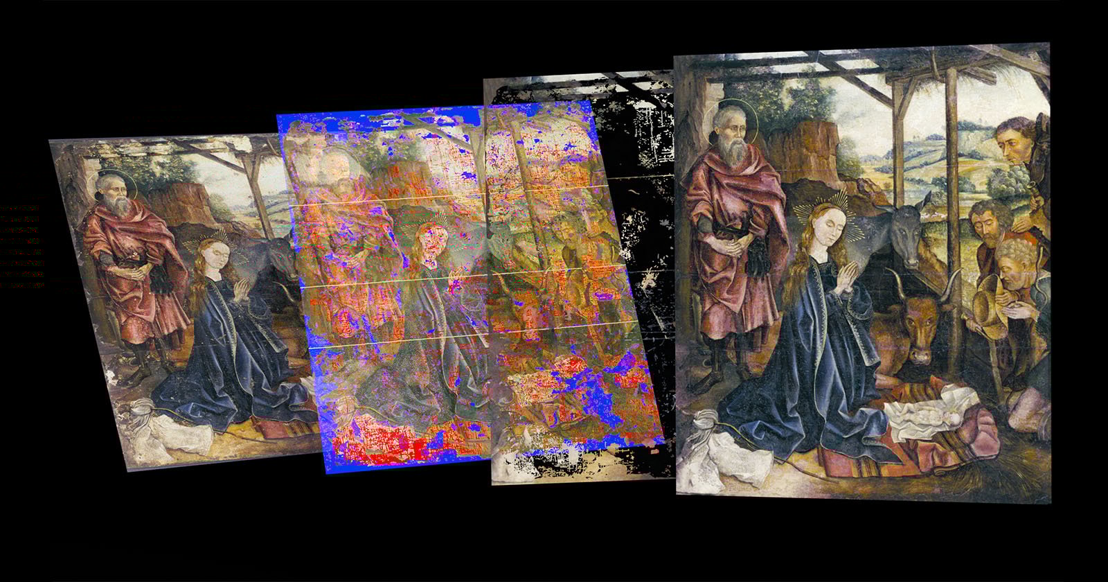 Four overlapping versions of a Renaissance Nativity painting are shown, with each layer revealing different restoration or imaging techniques, including color overlays and digitally enhanced sections.