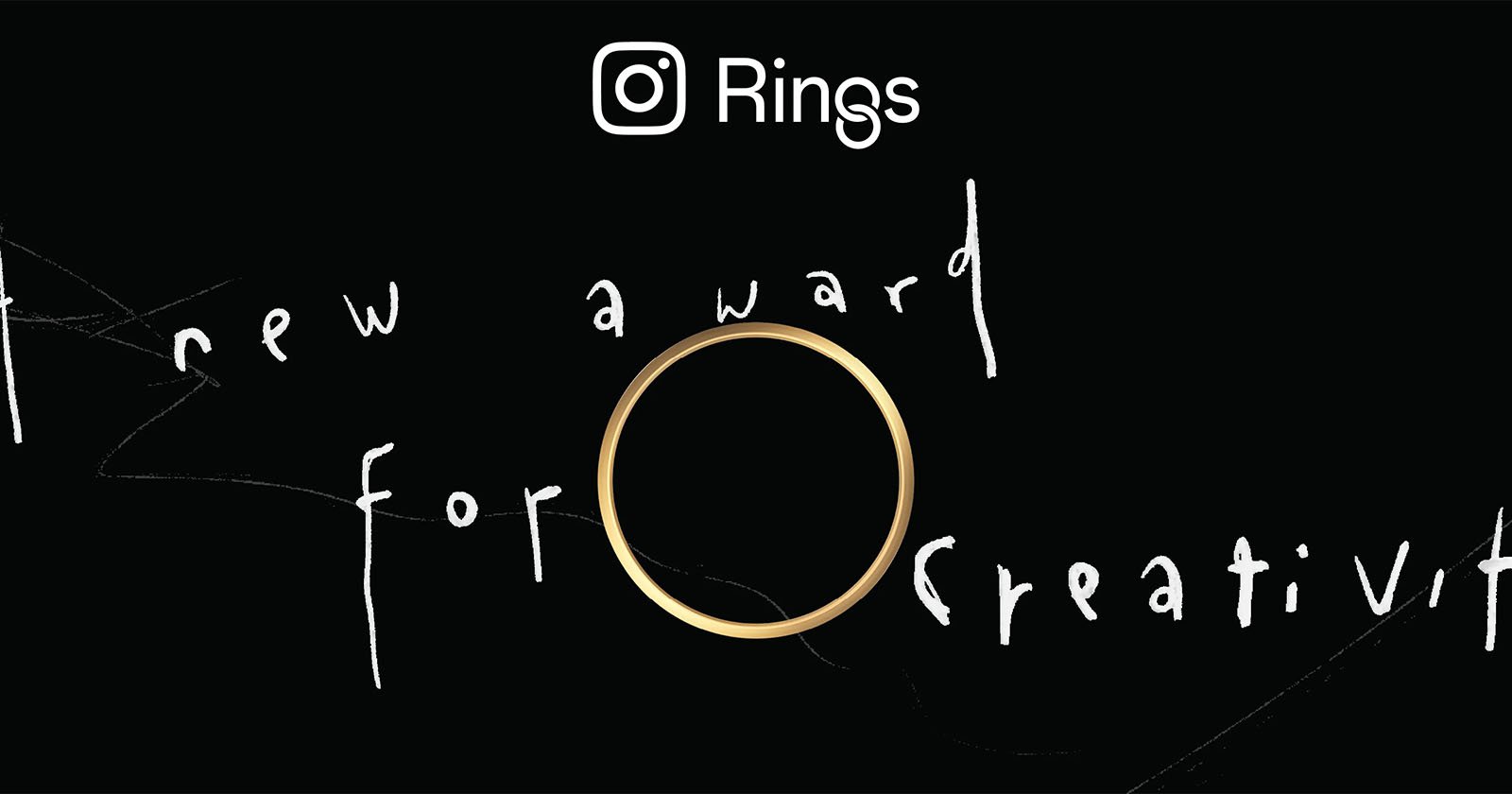 A gold ring is centered on a black background with white handwritten text reading A new award for creativity, and an Instagram logo above the word Rings.