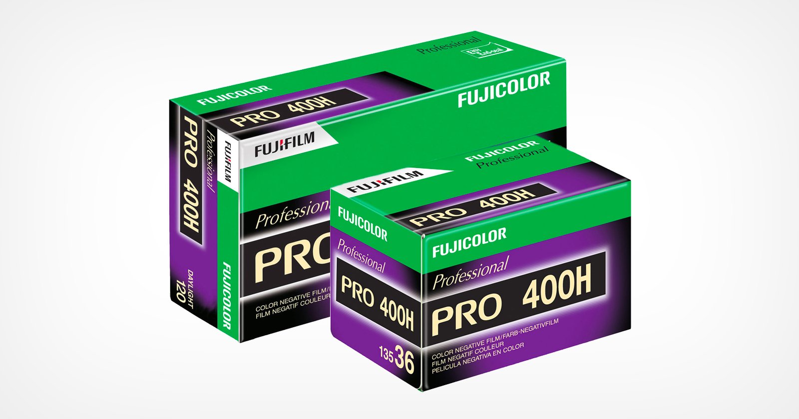 Two green, purple, and black Fujicolor Pro 400H professional film boxes with white, yellow, and purple text. One box is larger and both are labeled for color negative film.