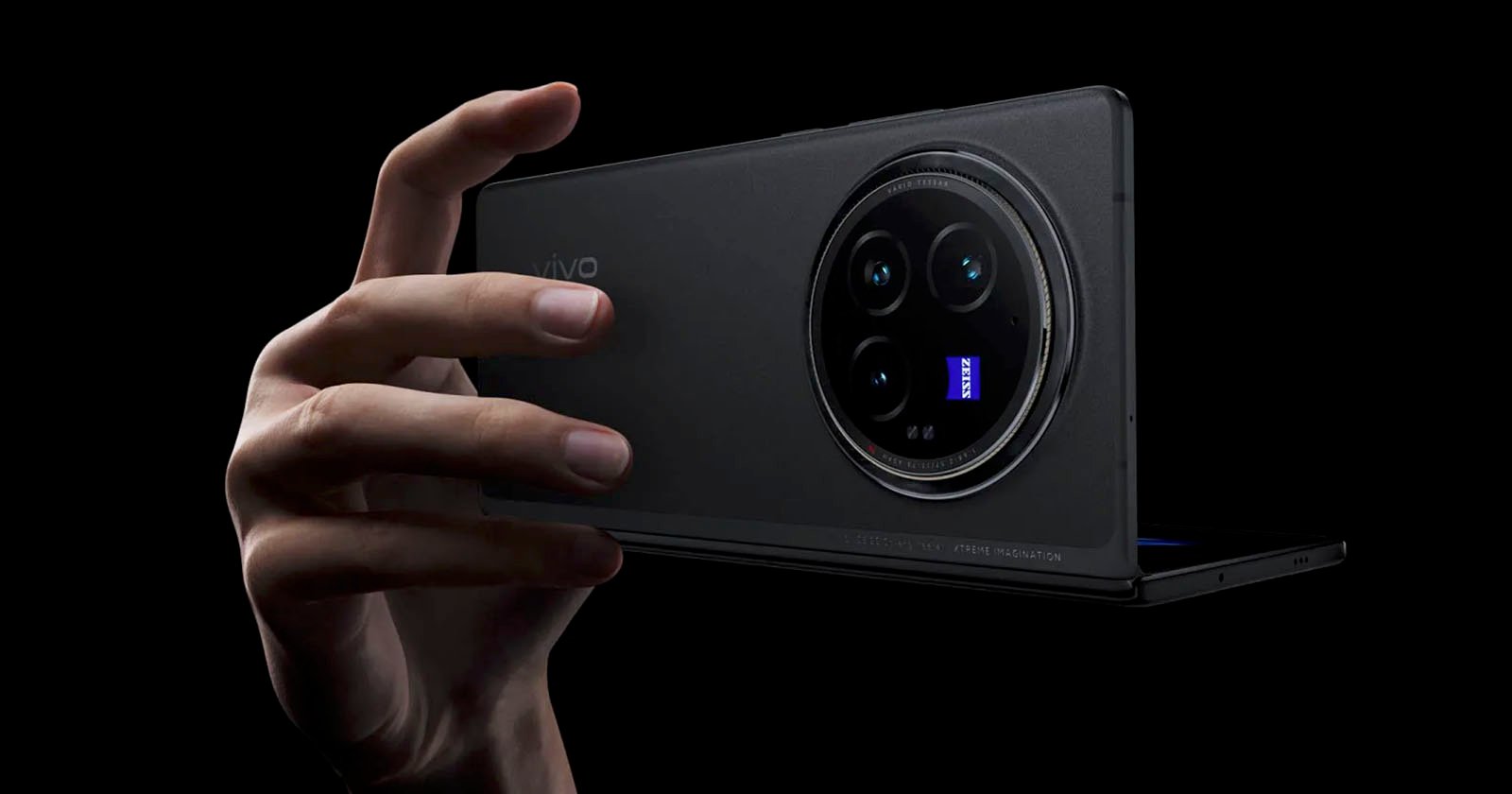 A hand holds a sleek, black Vivo smartphone, showcasing a prominent circular rear camera module with multiple lenses. The camera is branded with ZEISS indicating advanced optics. The background is black, emphasizing the phone's design.