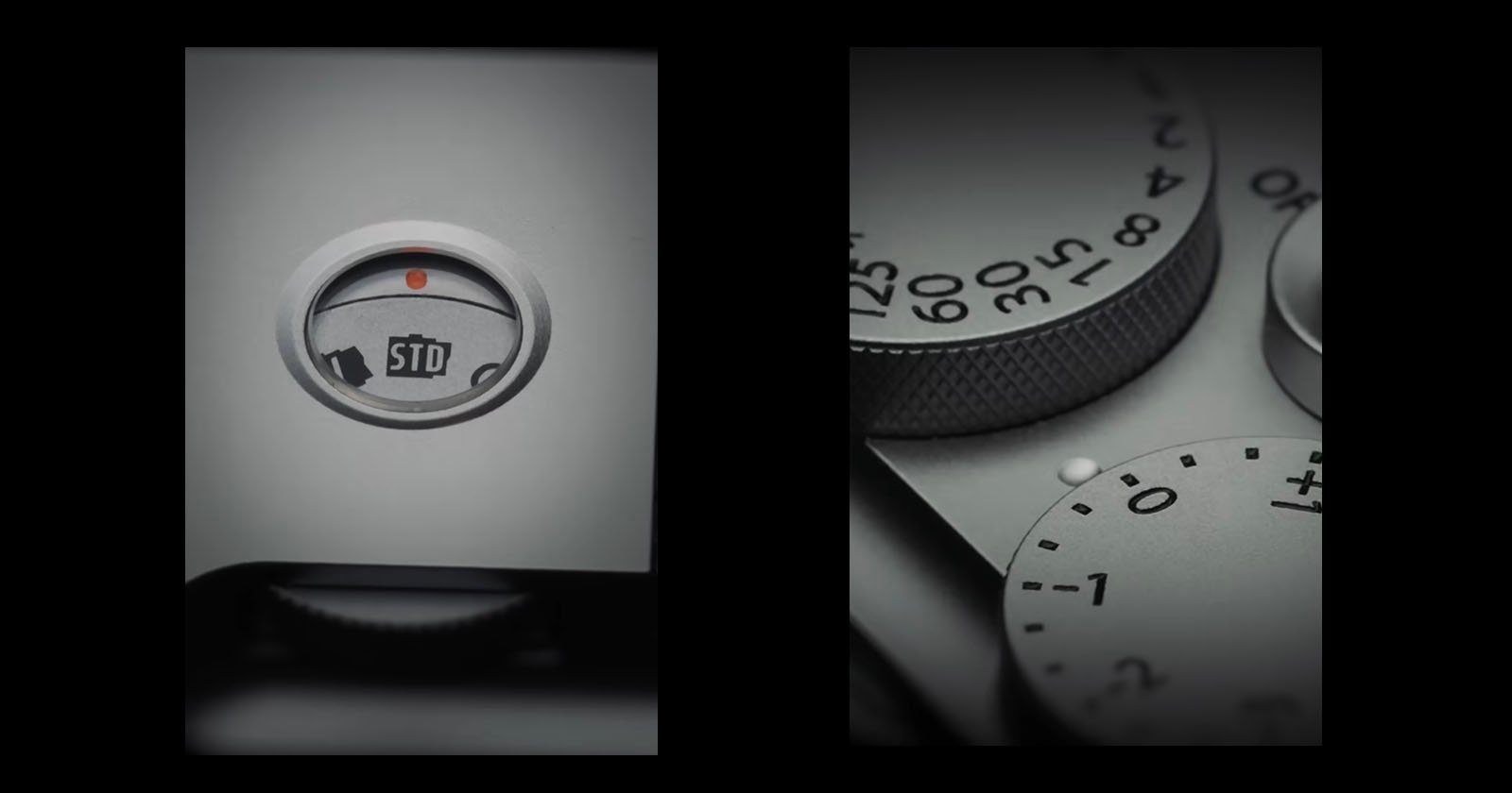 Close-up of a camera dial with an indicator labeled STD on the left, and detailed view of camera control dials with engraved numbers and markings on the right.