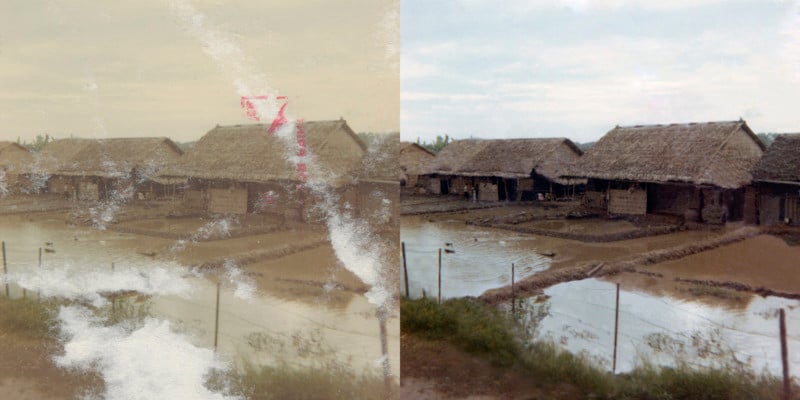 Before and after of a Vietnam War era photo restored by Jenn Cohen