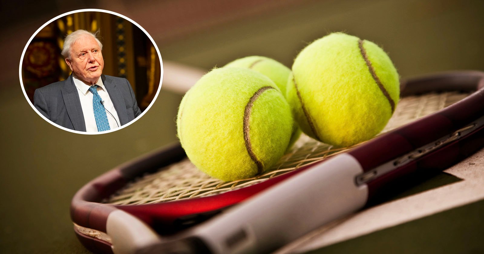 Close-up shot of a tennis racket lying on the ground with two tennis balls resting on it. In the upper left corner, an inset image features an elderly man with white hair, wearing a blue tie and dark suit, speaking animatedly.