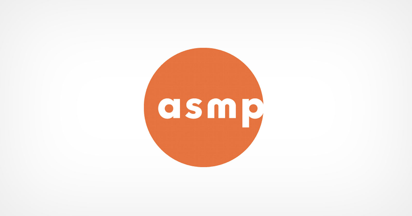 ASMP logo with lowercase white letters asmp inside an orange circle on a light gray background.