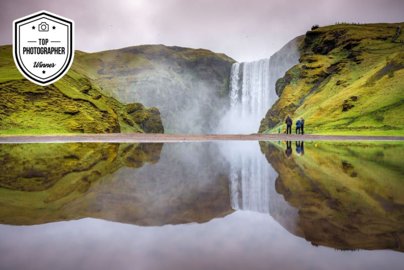 A waterfall at a pond