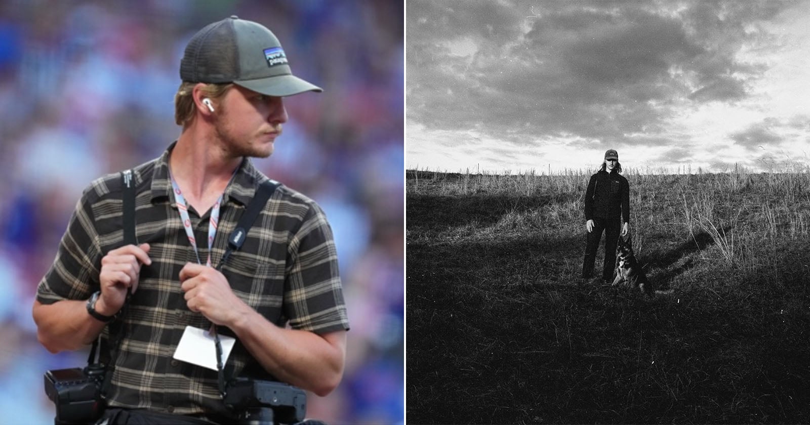 Left: A man in a plaid shirt, cap, and lanyard looks to the side at an outdoor event. Right: Black-and-white photo of a person standing in a grassy field under a cloudy sky.