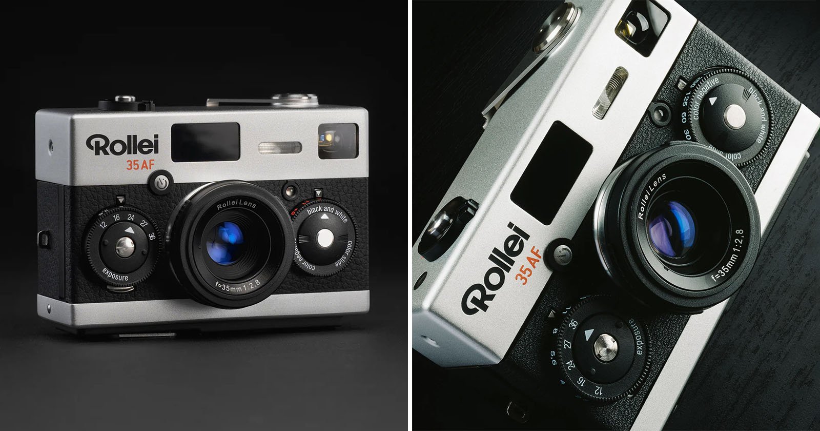 Side-by-side images of a vintage Rollei 35AF camera. The camera features a compact, silver body with black textured grips and a prominent lens. The brand name Rollei and model 35AF are clearly visible on the camera's front.