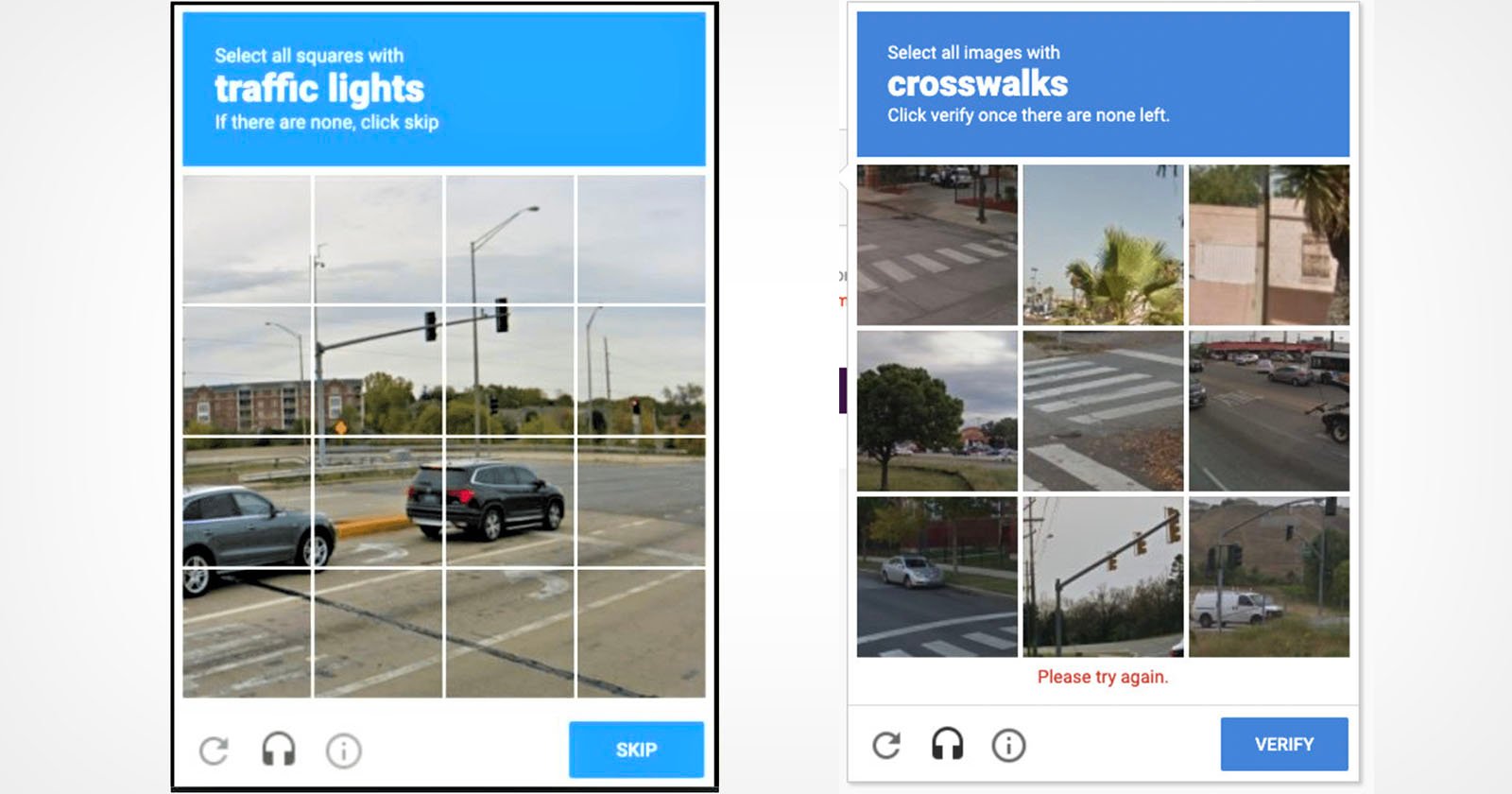 Two CAPTCHA verification challenges are shown. The left one asks to Select all squares with traffic lights, and the right one asks to Select all images with crosswalks. Both feature a grid of images where the user must identify specific elements, like traffic lights and crosswalks, respectively.