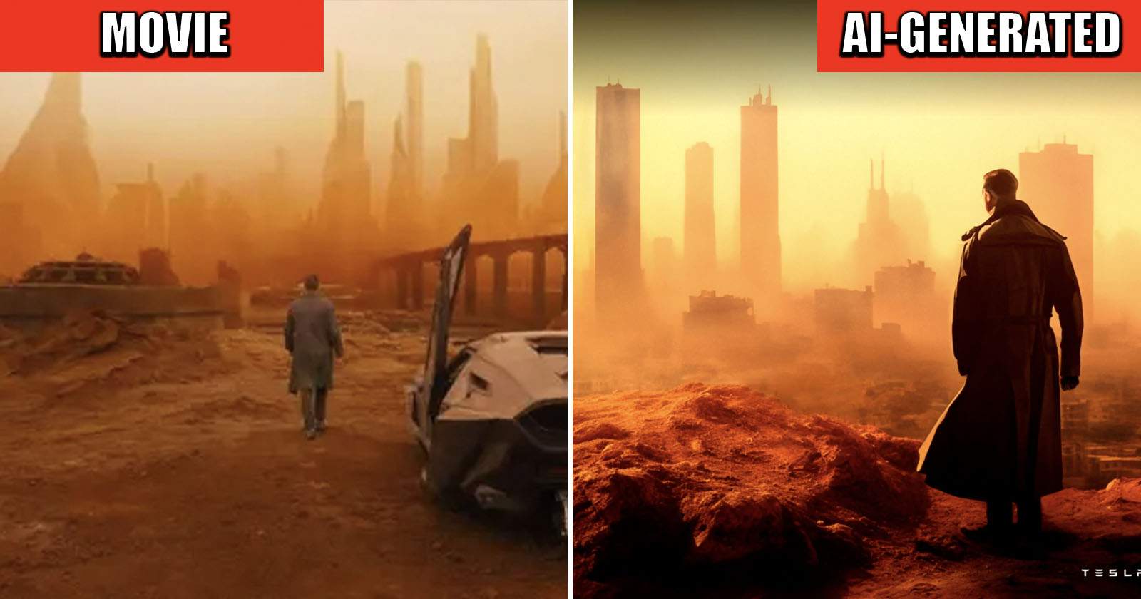 A person in a coat walks toward futuristic cityscapes under an orange sky. Left image labeled Movie has debris, while right image labeled AI-Generated shows simplified structures and a person standing on a rock.