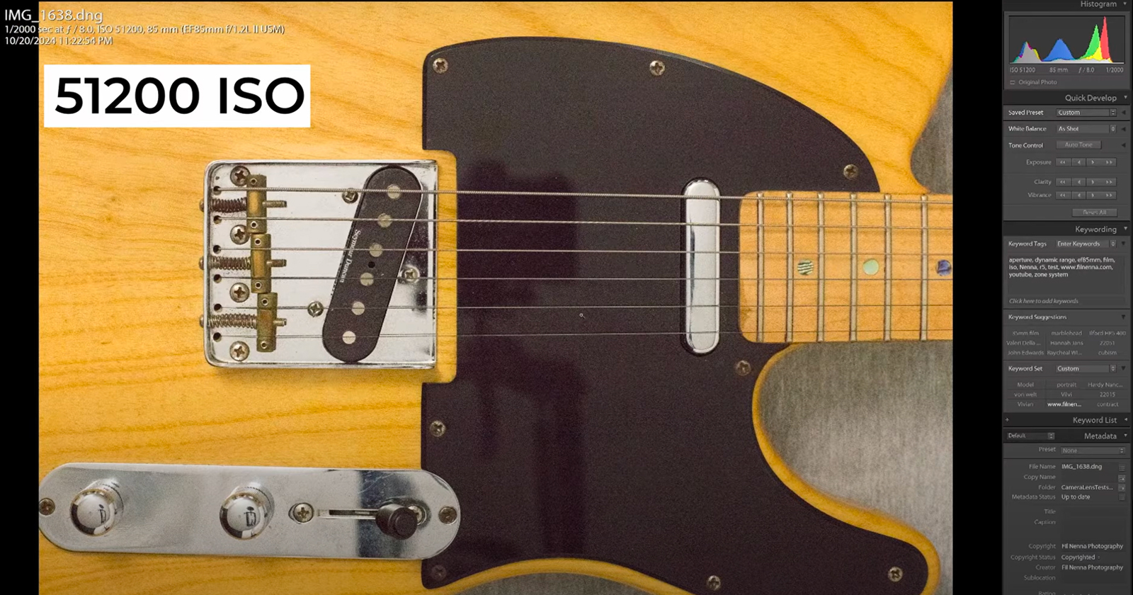 Close-up of an electric guitar with a wooden body and black pickguard. The image shows the guitar's bridge, pickups, and control knobs. The text 51200 ISO is visible on the left side. Editing panel overlays are visible on the right.