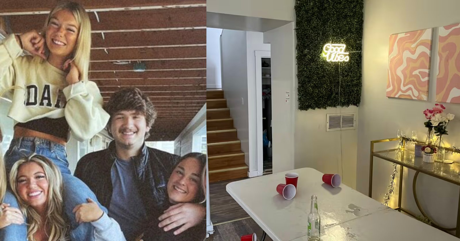 A group of four smiling young adults pose together on the left; on the right, a room with a ping pong table, red cups, drinks, a Good Vibes neon sign, flowers, and abstract art on the wall.