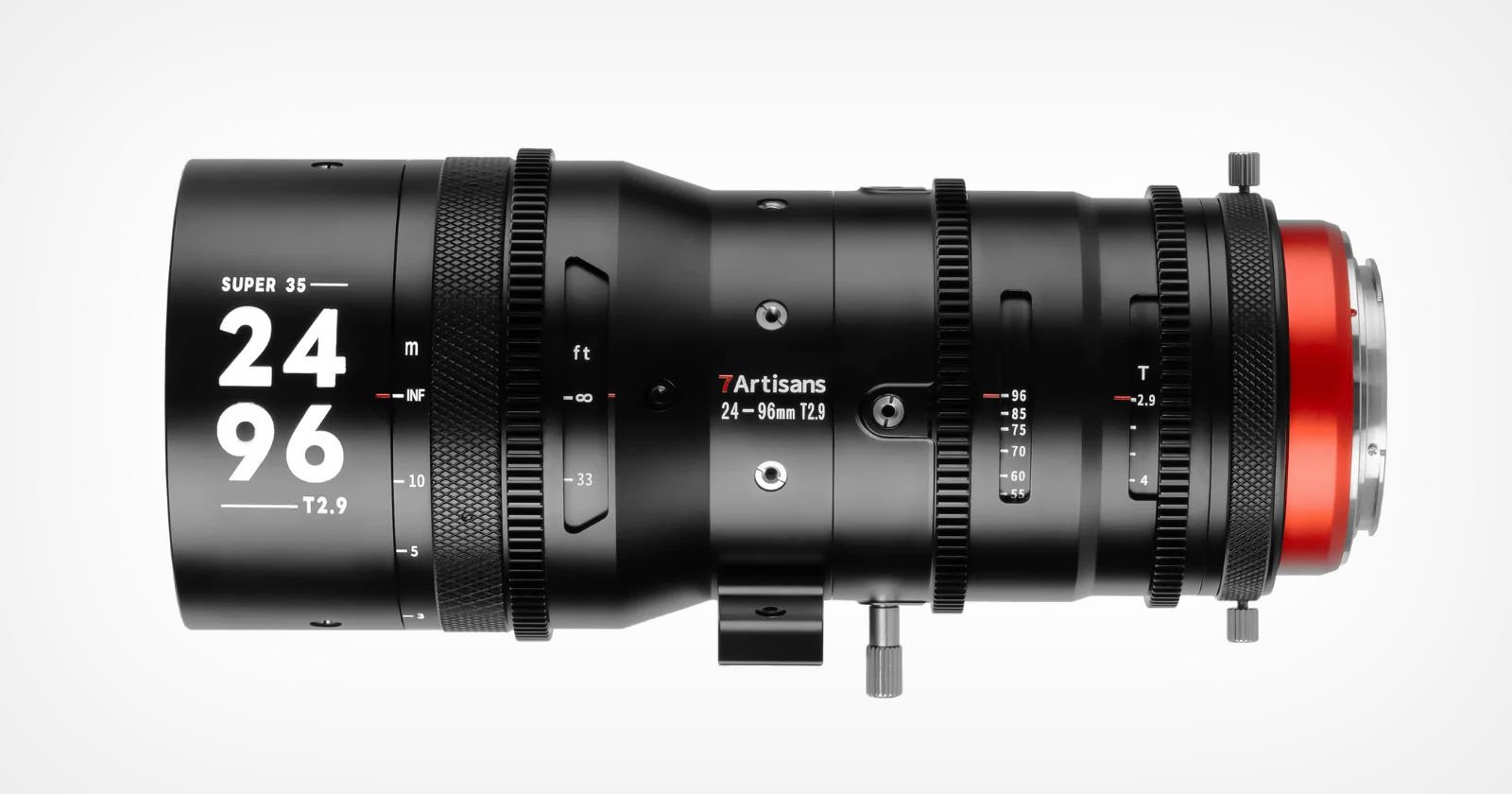 A 7Artisans 24-96mm T2.9 cine lens with a Super 35 format. The lens features various focus, aperture, and zoom rings, along with numerical markings on the side for precise adjustments. Its sleek black design is accented with a vibrant red ring at the mount end.