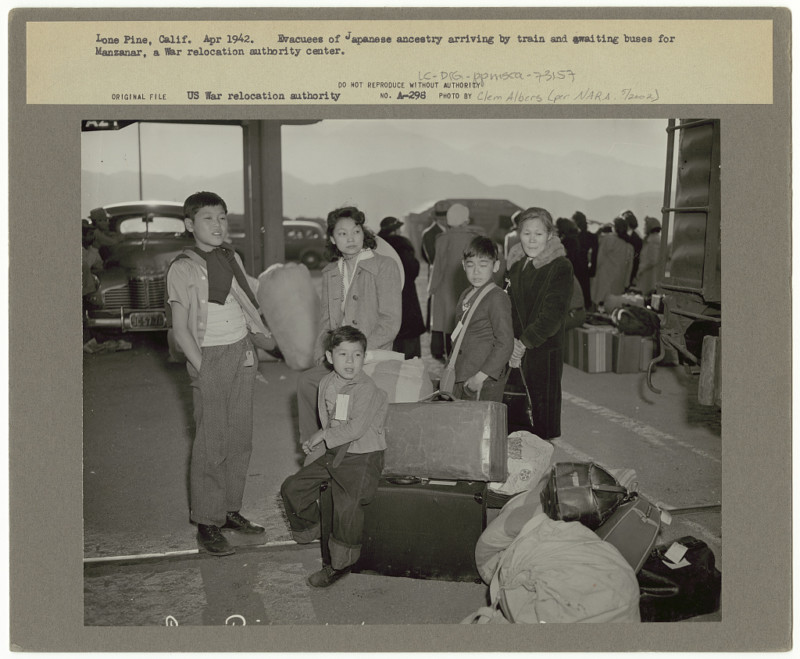 Photos of Japanese Americans being forcibly moved to concentration camps