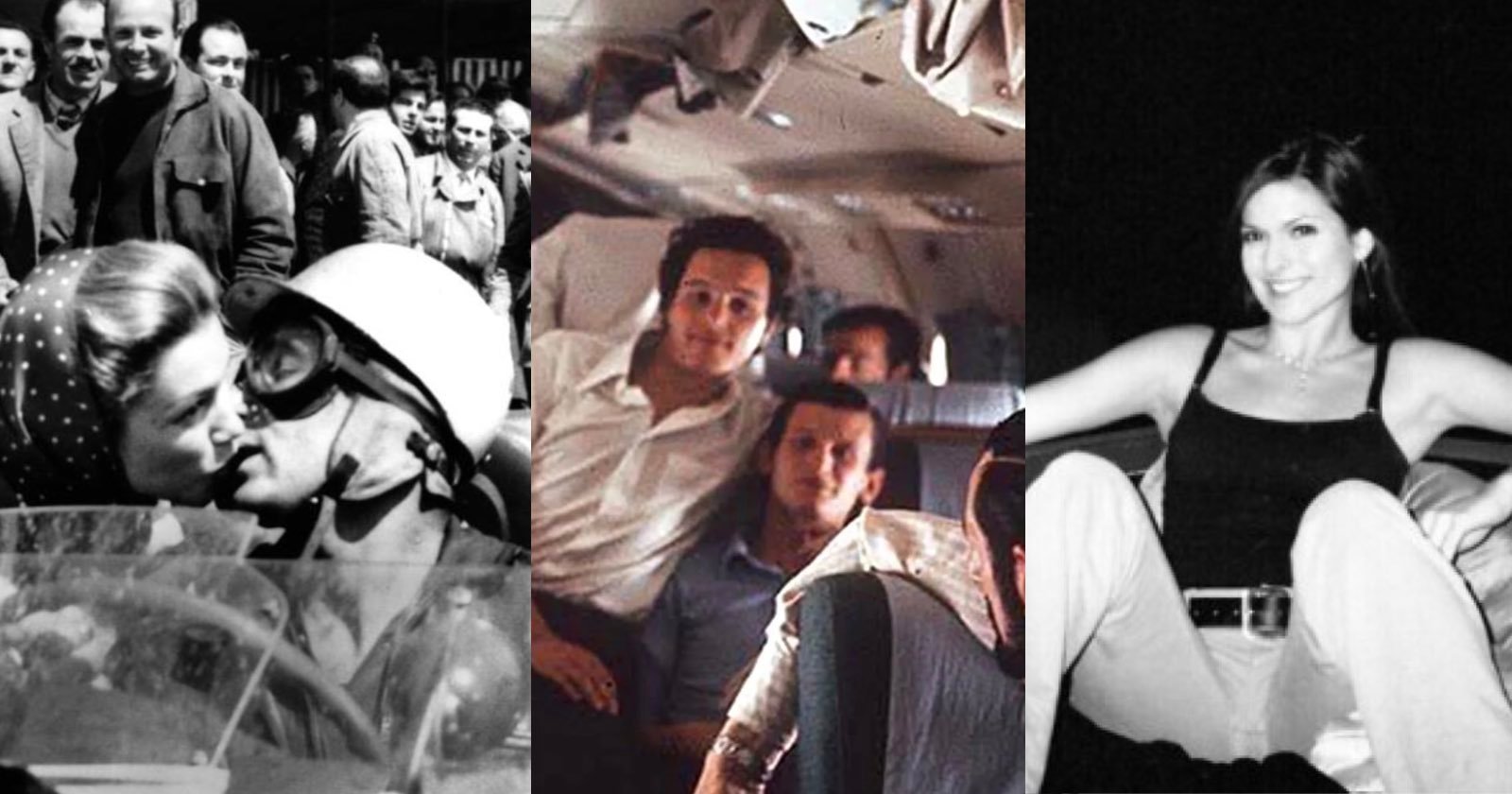 A collage of three photos: a woman kissing a racing driver, a group of men sitting inside an airplane, and a smiling woman sitting casually in a black top and light pants against a dark background.