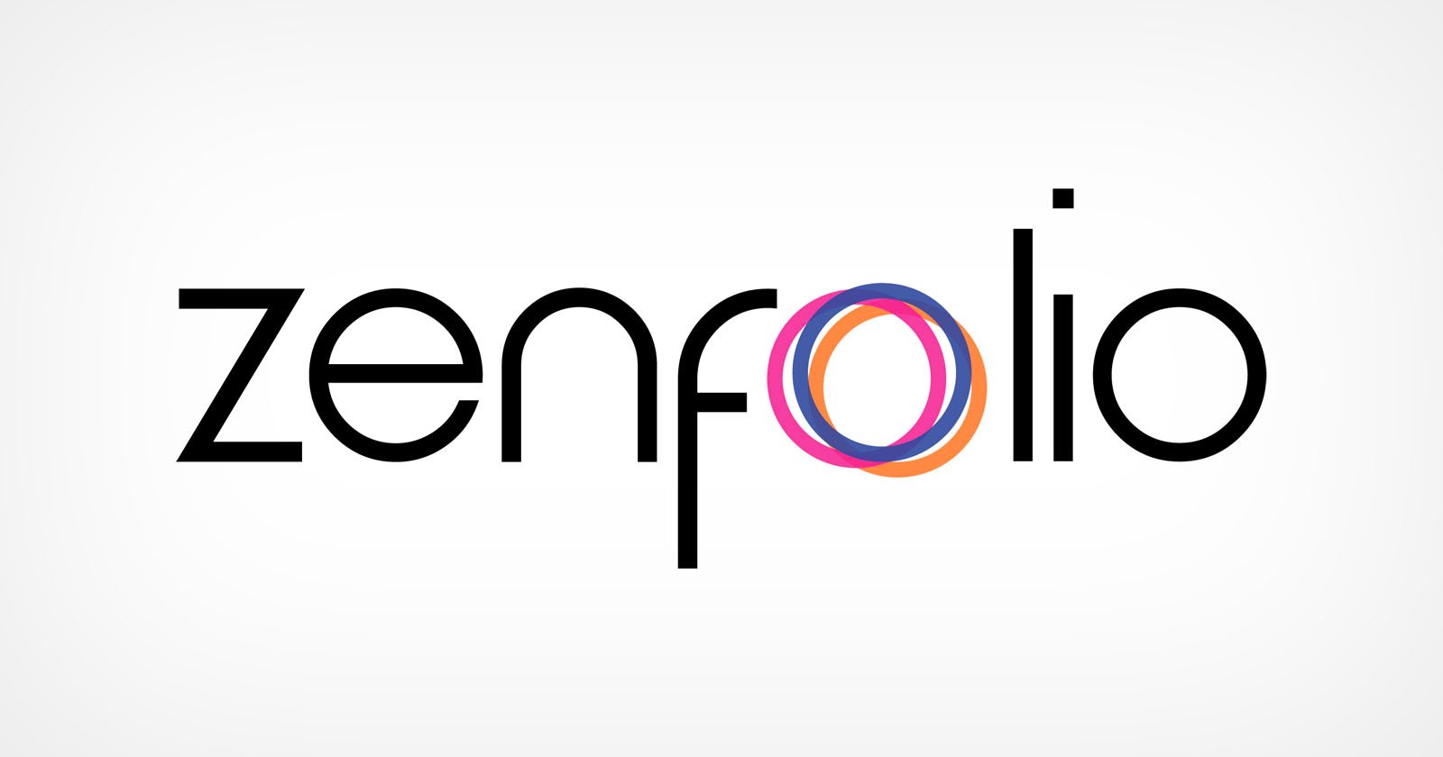 The word zenfolio written in a modern, black font; the two os are overlapping, formed by interlocking blue, purple, orange, and pink rings. The background is white with a faint gradient.