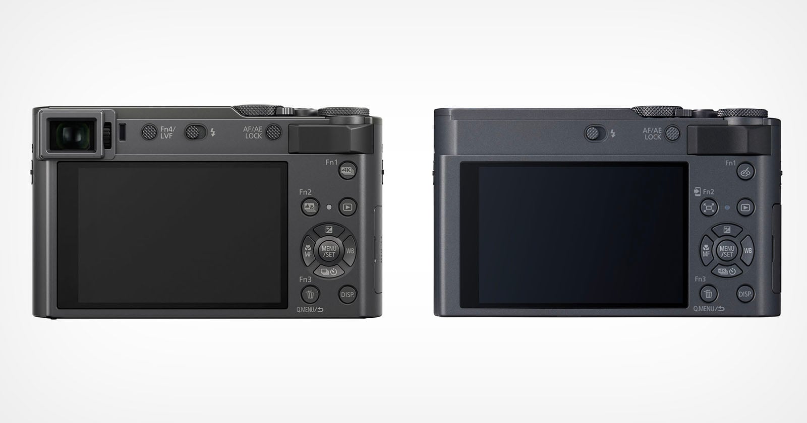 Two digital cameras shown from the back, each featuring a large LCD screen, control buttons, and dials. The camera on the left has an electronic viewfinder in the top left corner; the one on the right does not.