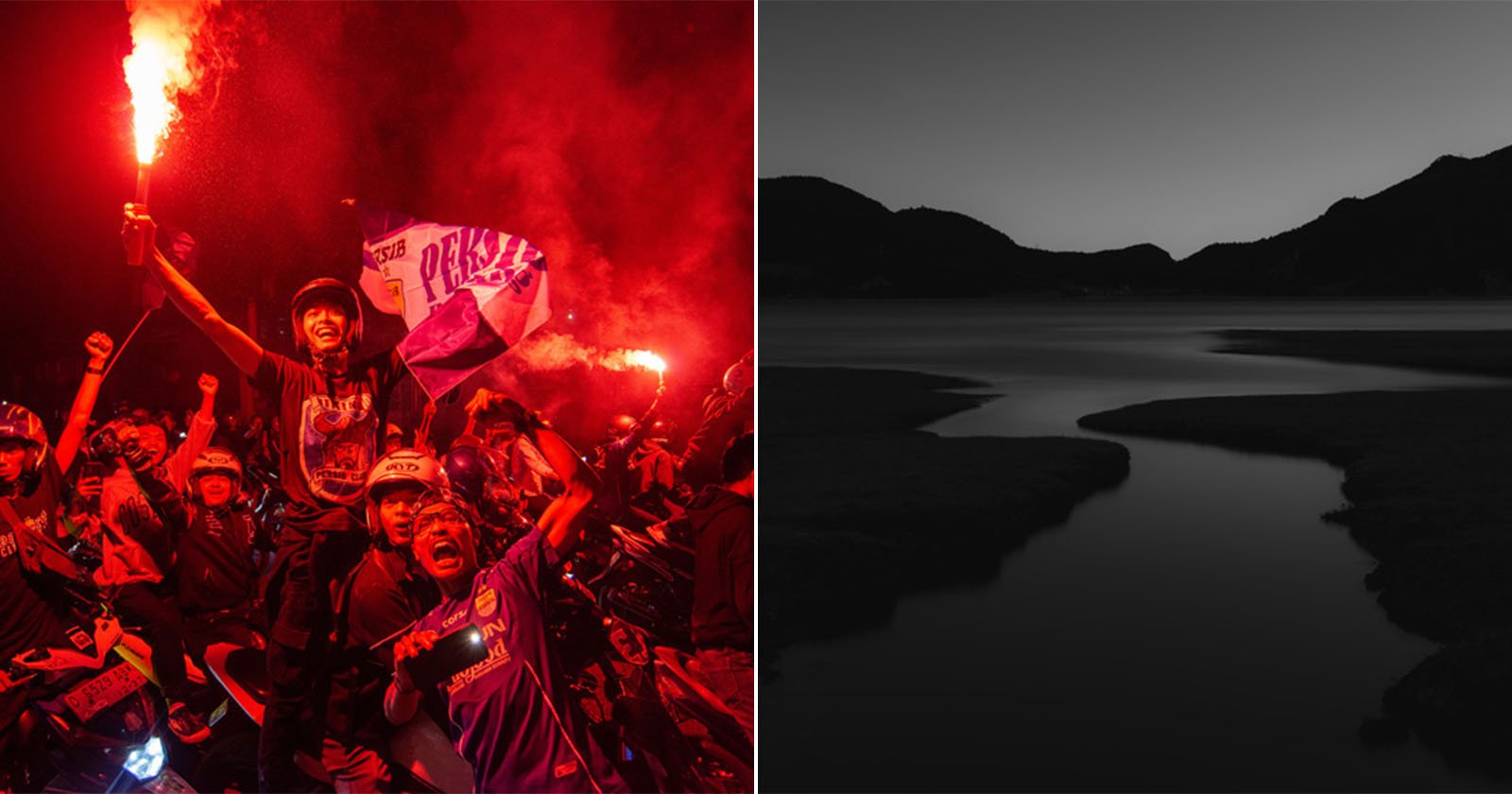 Left side: A group of people celebrating at night with red flares and a flag, joyful expressions on their faces. Right side: A black and white landscape with a calm body of water and silhouetted hills in the background.