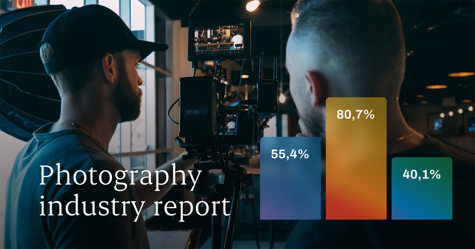 Two people operate a professional camera setup indoors. Overlayed text reads Photography industry report. A bar graph with percentages 55.4%, 80.7%, and 40.1% is displayed.
