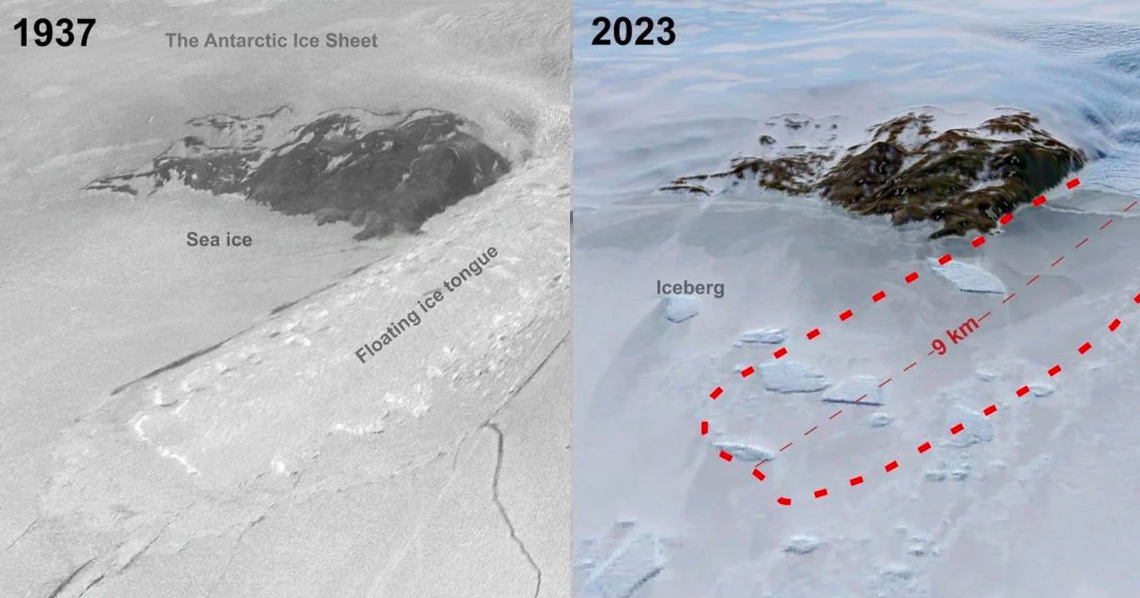 Side-by-side comparison of a region in the Antarctic Ice Sheet from 1937 and 2023. The left image is labeled 1937 showing extensive sea ice and a floating ice tongue. The right image, labeled 2023, shows a 9 km-long iceberg that has broken off, surrounded by floating ice.