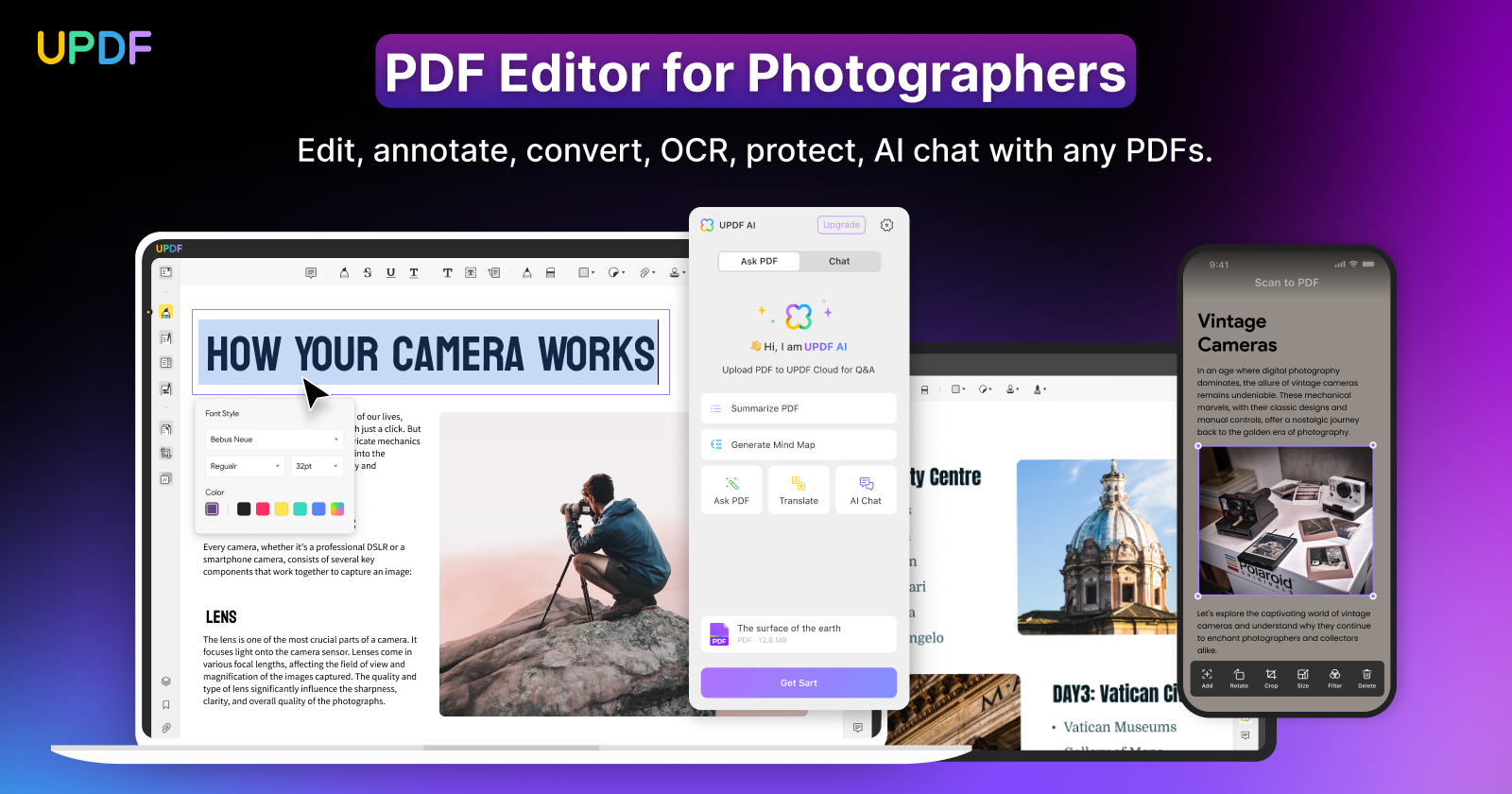 A promotional image for a PDF Editor for Photographers by UPDF. The image showcases the software's interface on a laptop, tablet, and smartphone, with options like edit, annotate, convert, OCR, protect, and AI chat displayed. The background is gradient purple-to-pink.