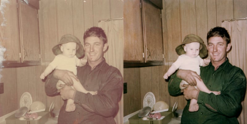 Before and after of a Vietnam War era photo restored by Jenn Cohen