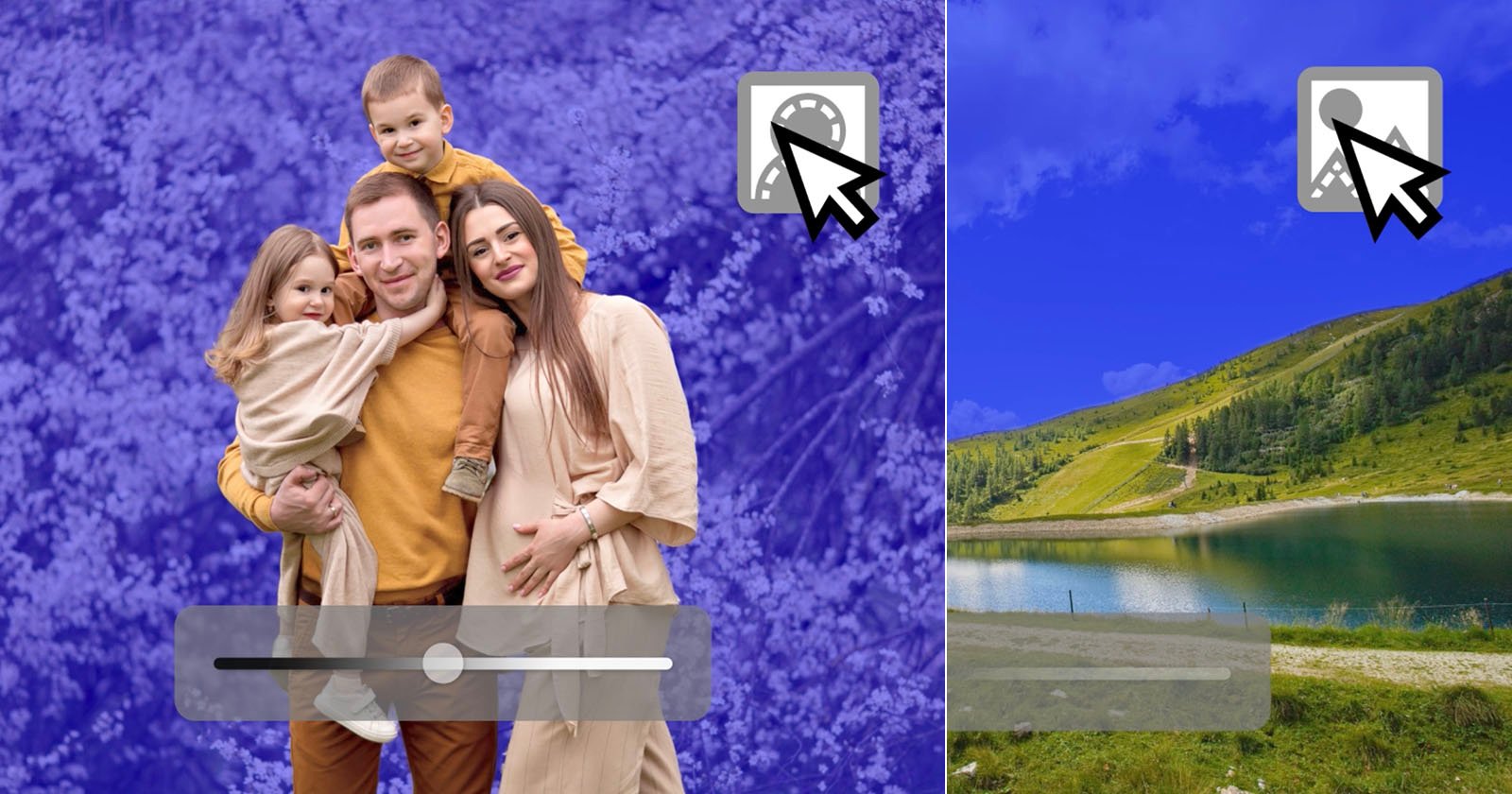 A family of four is shown in a wooded area, with two editing icons above. The background is partly blue on one side, suggesting a photo editing app where the background can be replaced, as seen on the right showing a hill and lake.
