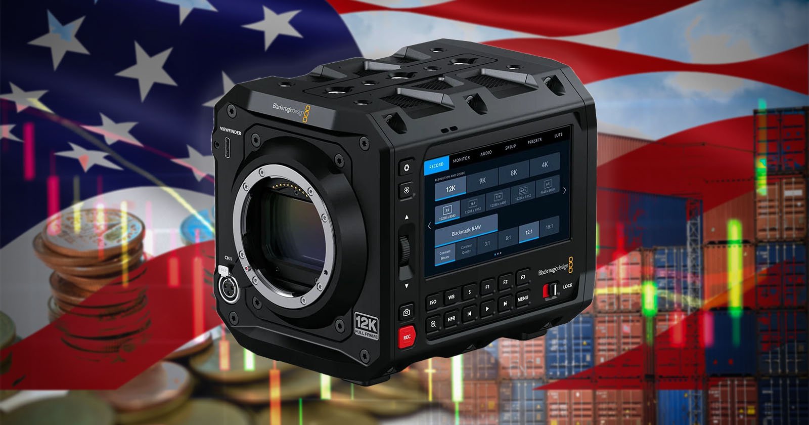 A Blackmagic 12K camera is prominently displayed against a backdrop of the American flag, coins, stock market graphs, and shipping containers, suggesting themes of technology, finance, and industry.