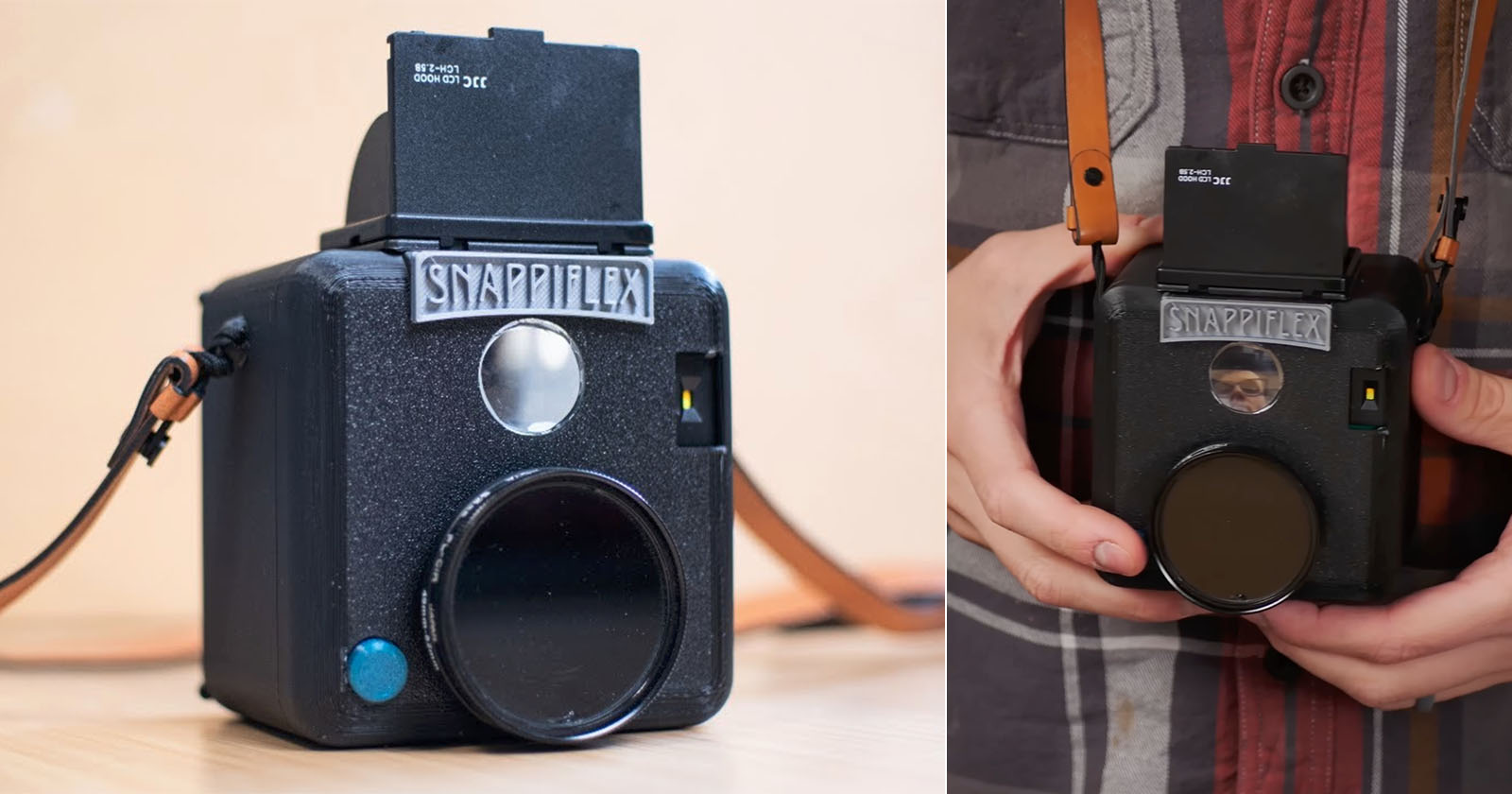 Two images of a black camera named Snapflex. On the left, the camera is on a table, showing its lens and top section. On the right, a person holds the camera with a strap, showing the same features from a different angle.