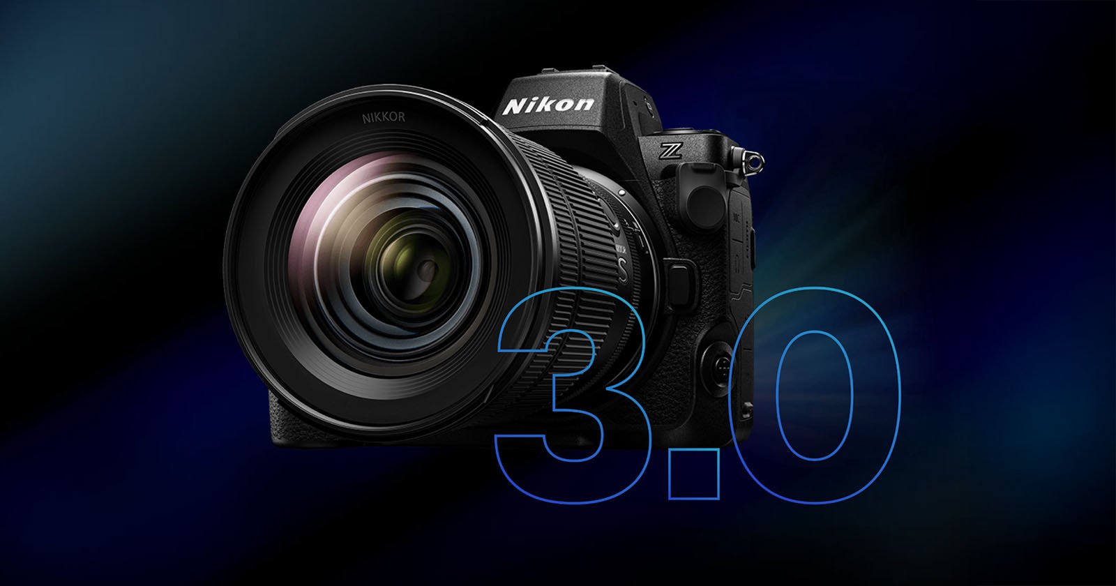 A Nikon Z series camera with a large lens is shown against a dark blue background, with the number 3.0 in translucent blue overlaying the image.